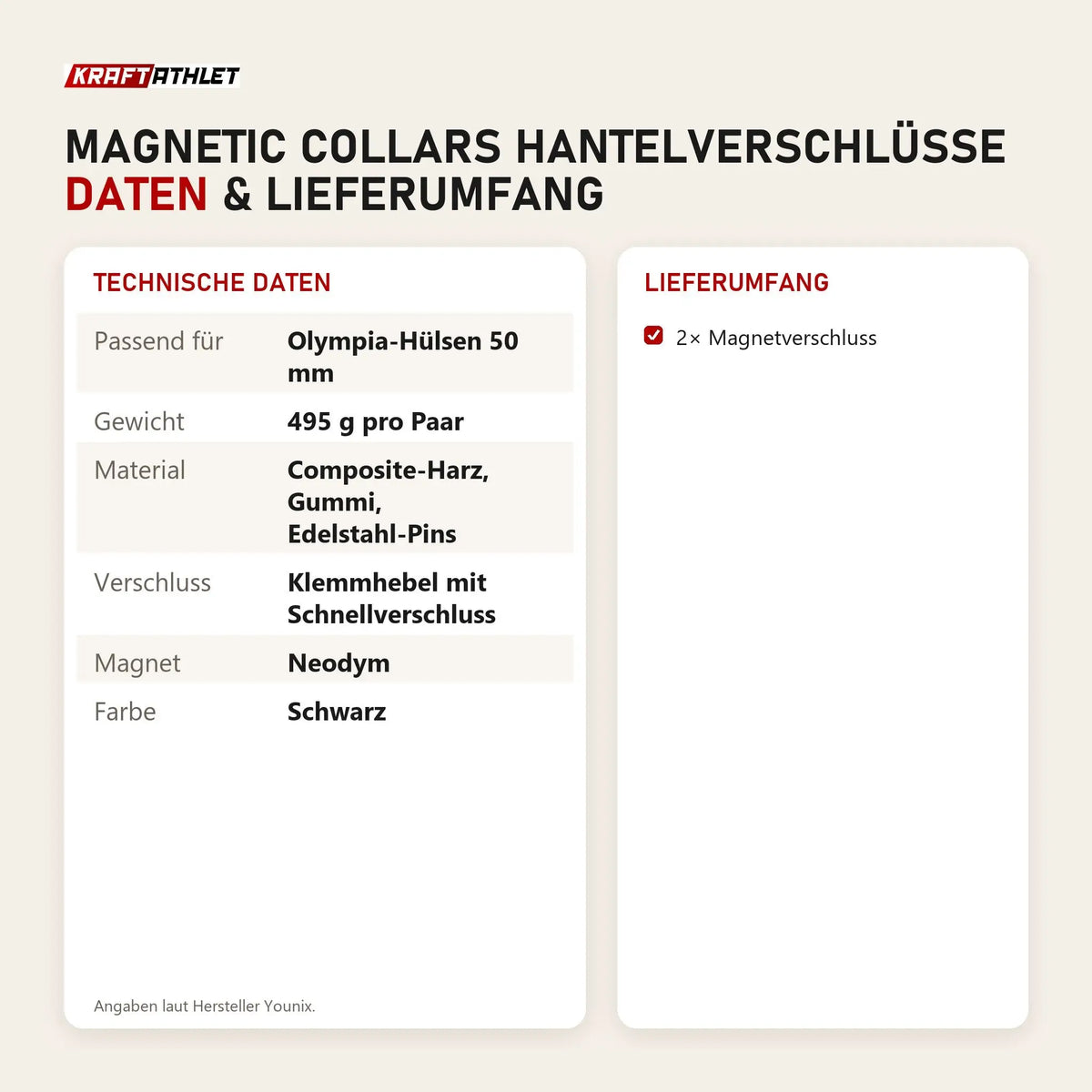 Technische Daten und Lieferumfang von Younix Magnetic Collars Hantelverschlüsse als Tabelle