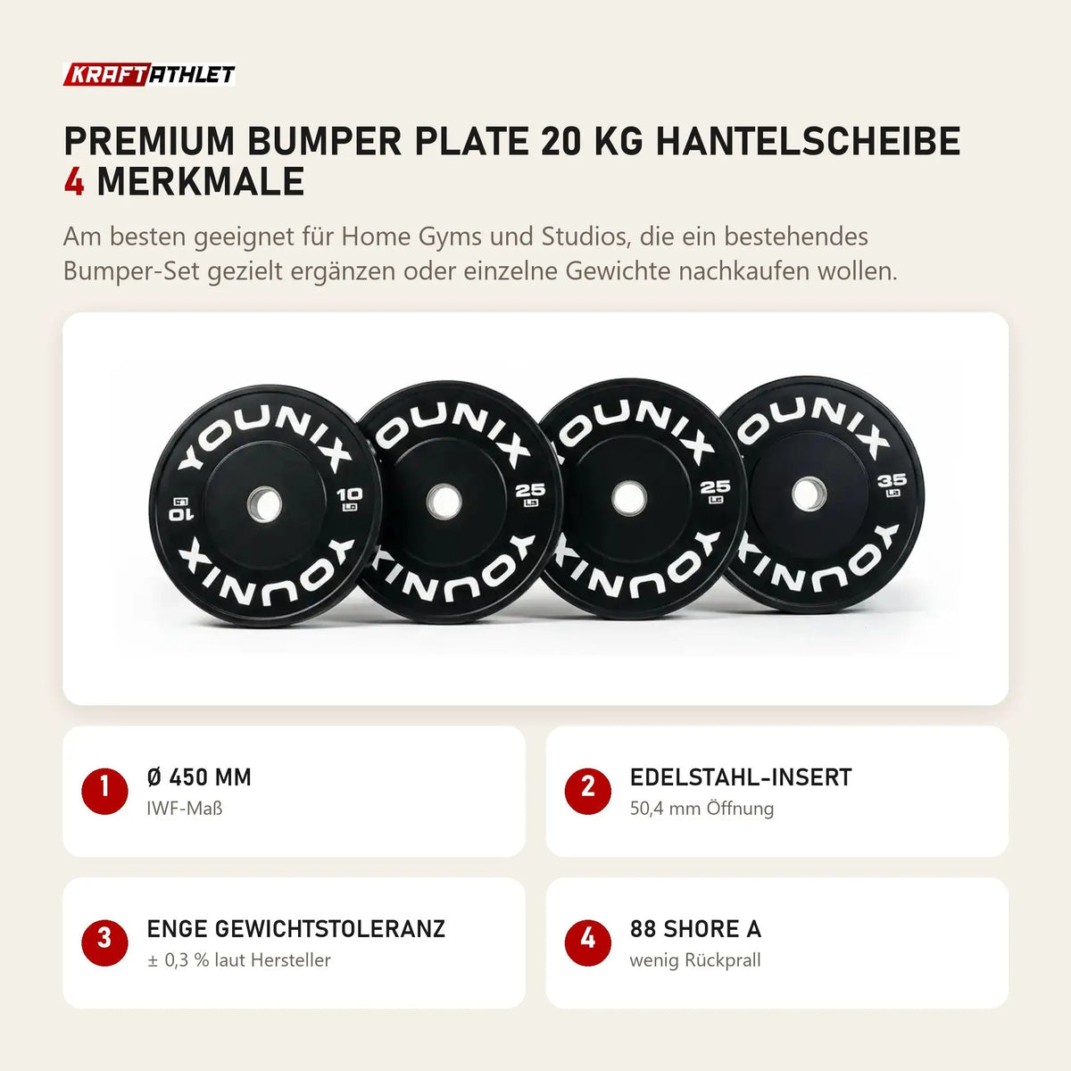 Younix Premium Bumper Plate 20 kg Hantelscheibe mit 4 Merkmalen: Ø 450 mm, Edelstahl-Insert, Enge Gewichtstoleranz, 88 Shore A