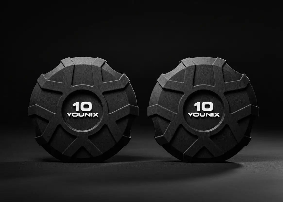 Younix ProSeries Kurzhantel-Set mit Double Deck Hantelablage: zwei schwarze 10-kg-Kurzhanteln vor dunklem Hintergrund
