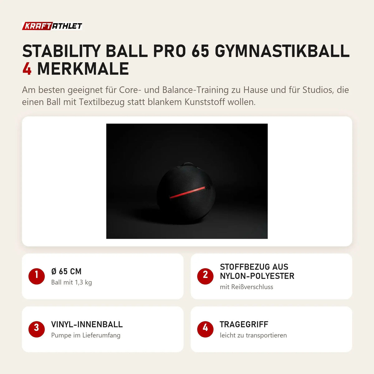 Younix Stability Ball Pro 65 Gymnastikball mit 4 Merkmalen: Ø 65 cm, Stoffbezug aus Nylon-Polyester, Vinyl-Innenball, Tragegriff
