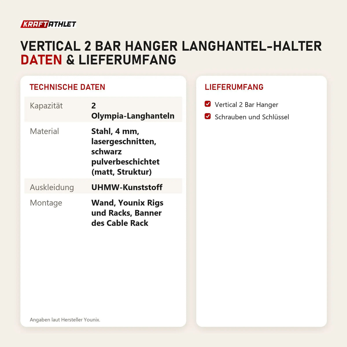 Technische Daten und Lieferumfang von Younix Vertical 2 Bar Hanger Langhantel-Halter als Tabelle