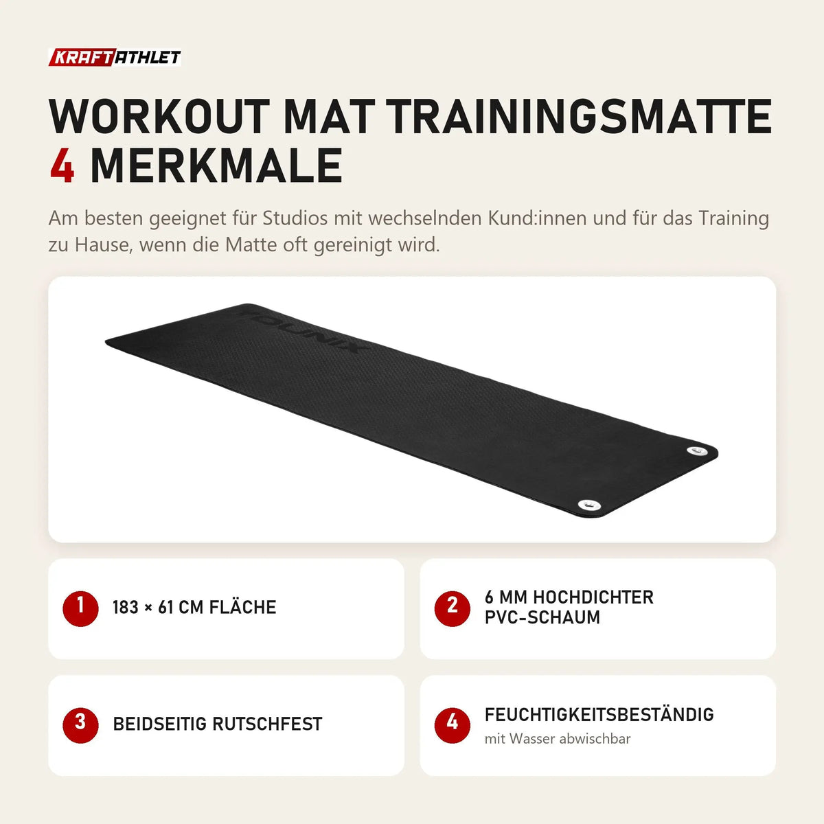 Younix Workout Mat Trainingsmatte mit 4 Merkmalen: 183 × 61 cm Fläche, 6 mm hochdichter PVC-Schaum, Beidseitig rutschfest, Feuchtigkeitsbeständig