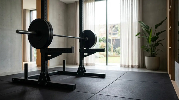 Power Rack mit Langhantel und Gewichtsscheiben in einem hellen Home Gym für einen 5x5 Trainingsplan