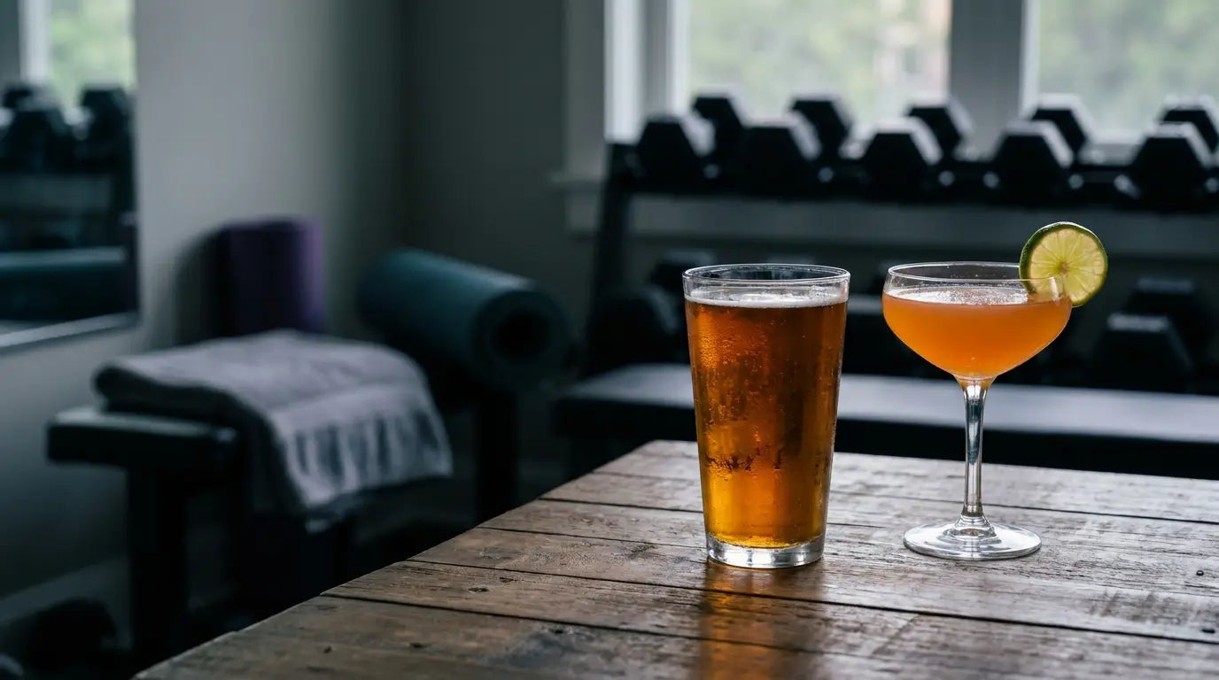 Glas Bier und Cocktail vor unscharfem Home-Gym-Hintergrund