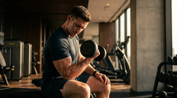 Mann beim Kurzhantel-Bizeps-Curl im Studio - Armtraining für Bizeps und Trizeps