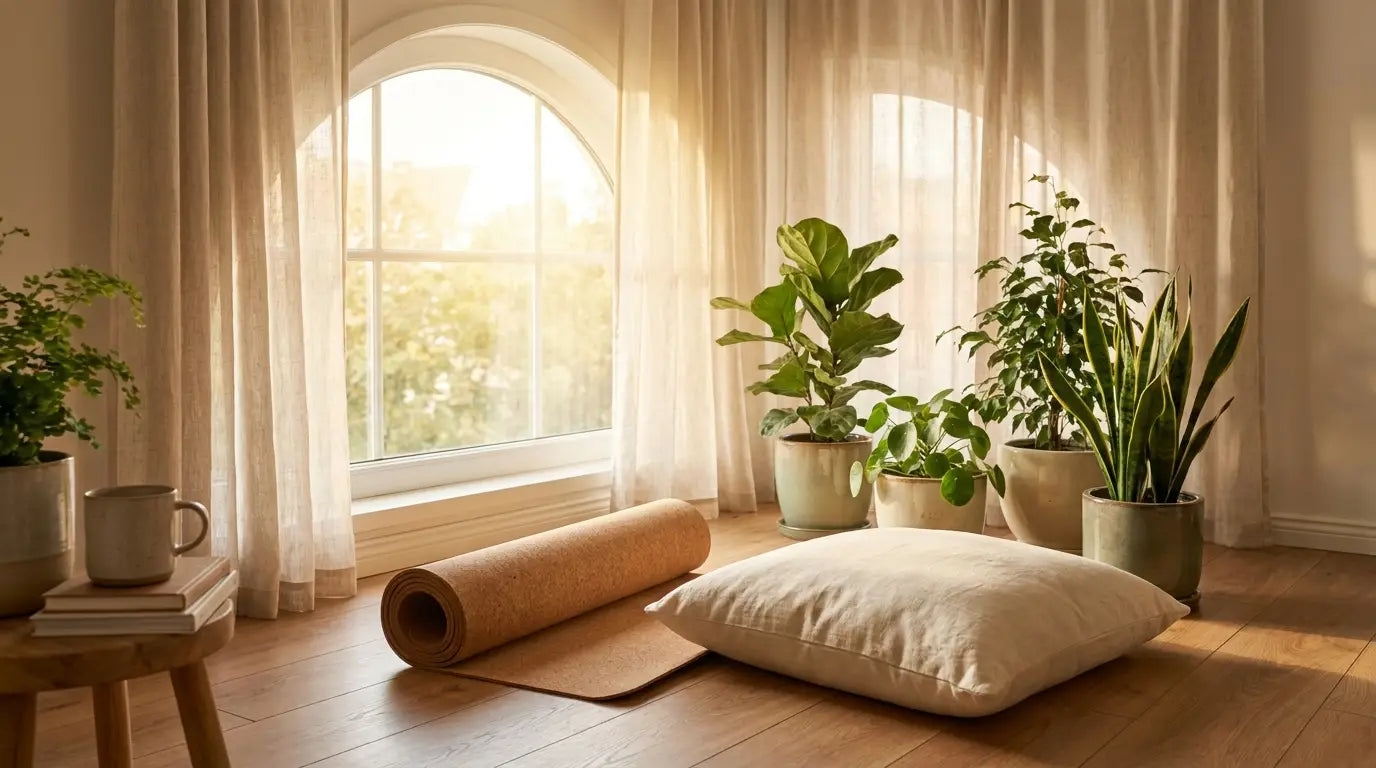 A quiet wellness corner with a yoga mat and pillows by the window for breathing exercises and relaxation