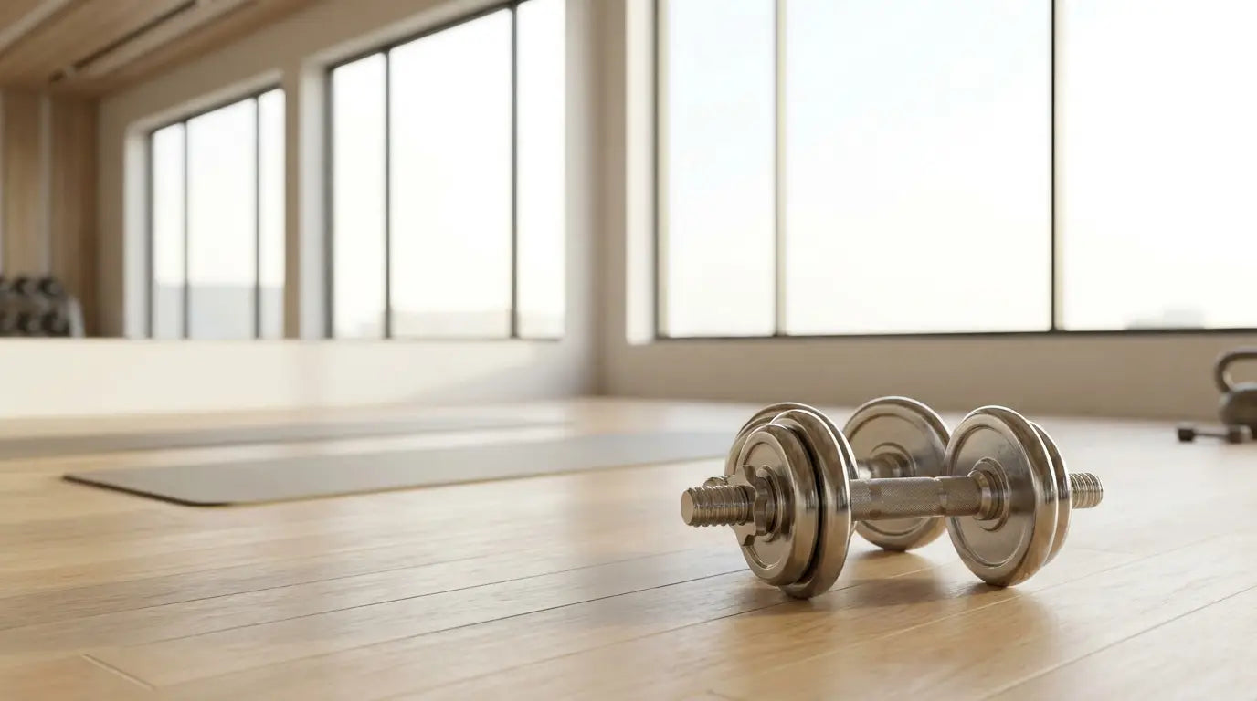 Helles modernes Fitnessstudio mit Kurzhanteln und freier Trainingsfläche für Ausfallschritte
