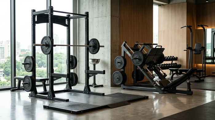 Squat-Rack und Beinpresse in einem modernen Studio für effektives Beintraining