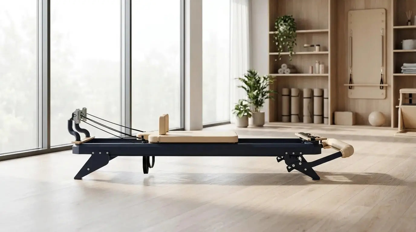 Hegren Pilates-Reformer mit Stahlrahmen auf einem hellen Holz-Sportboden in einem modernen Studio