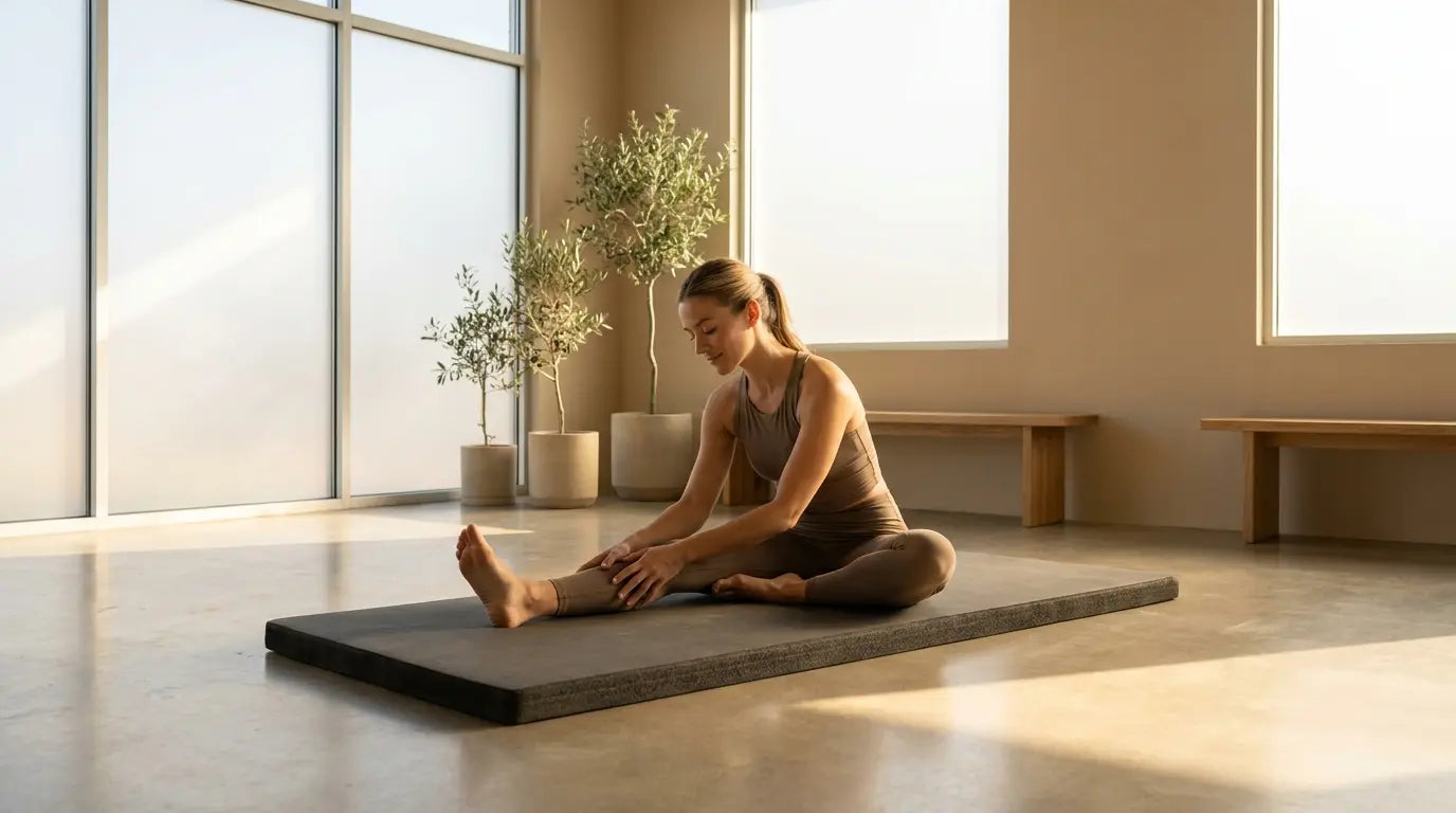 Une personne athlétique s'étire tranquillement sur un tapis dans un centre de bien-être baigné de lumière