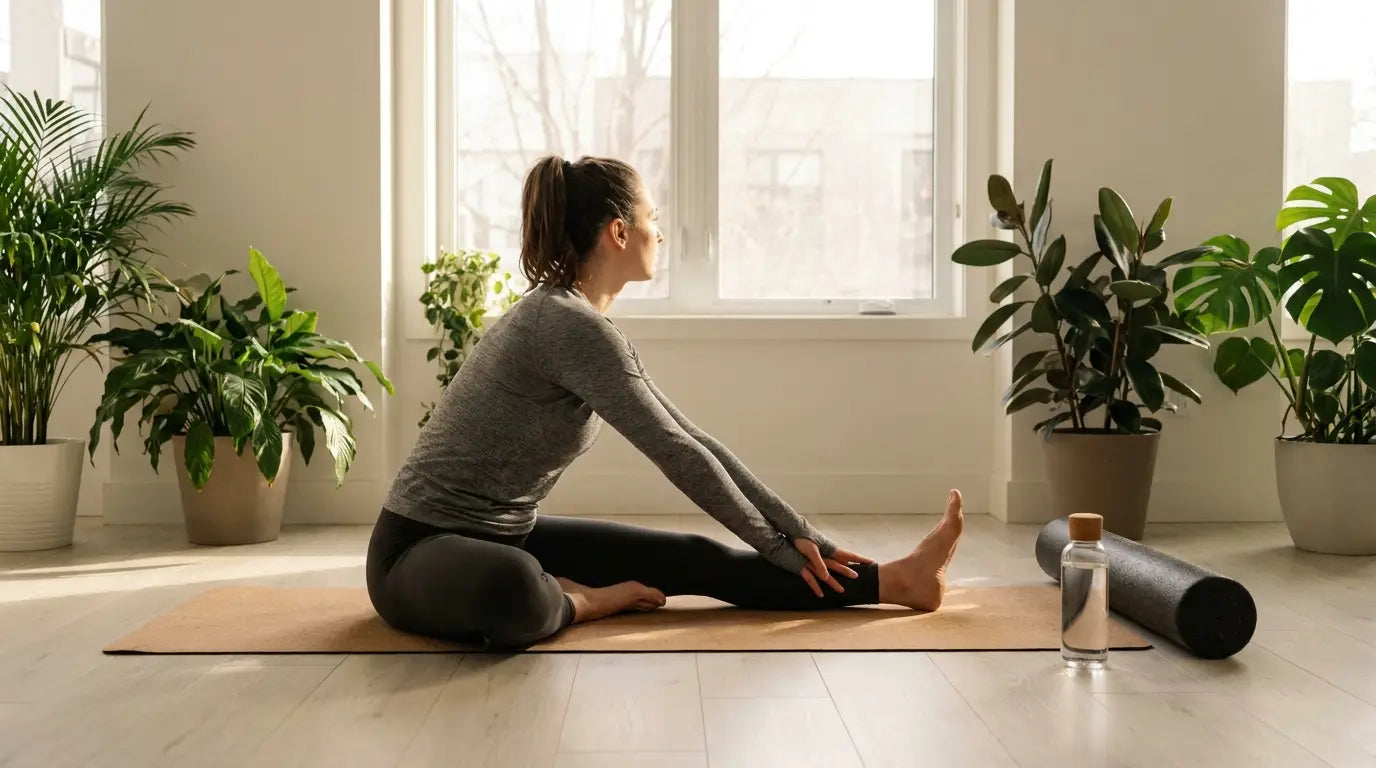 An athlete stretches their hamstrings on a mat in a well-lit recovery room