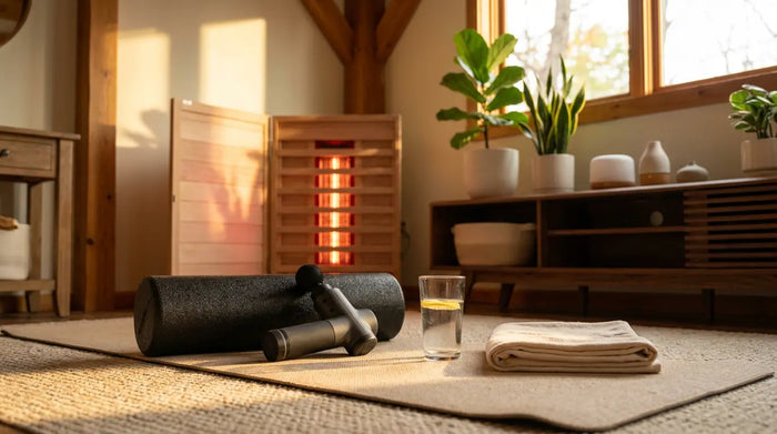 Ruhige Wellness-Ecke zuhause im goldenen Abendlicht mit Faszienrolle, Massagegerät, Wasserglas und einer sanft leuchtenden Infrarot-Sauna im Hintergrund
