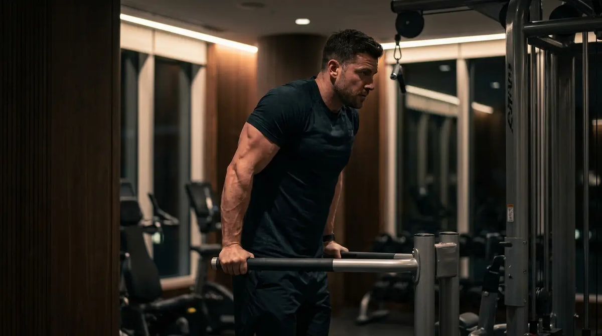 Parallel Bar Dips: Athlete Works Out Triceps and Lower Chest