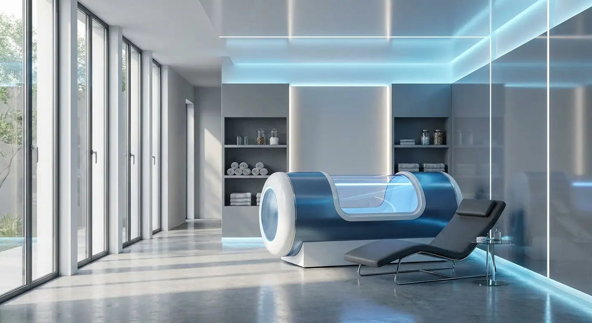 A modern home wellness room featuring a sleek hyperbaric chamber as its centerpiece, surrounded by minimalist décor and soft blue ambient lighting.