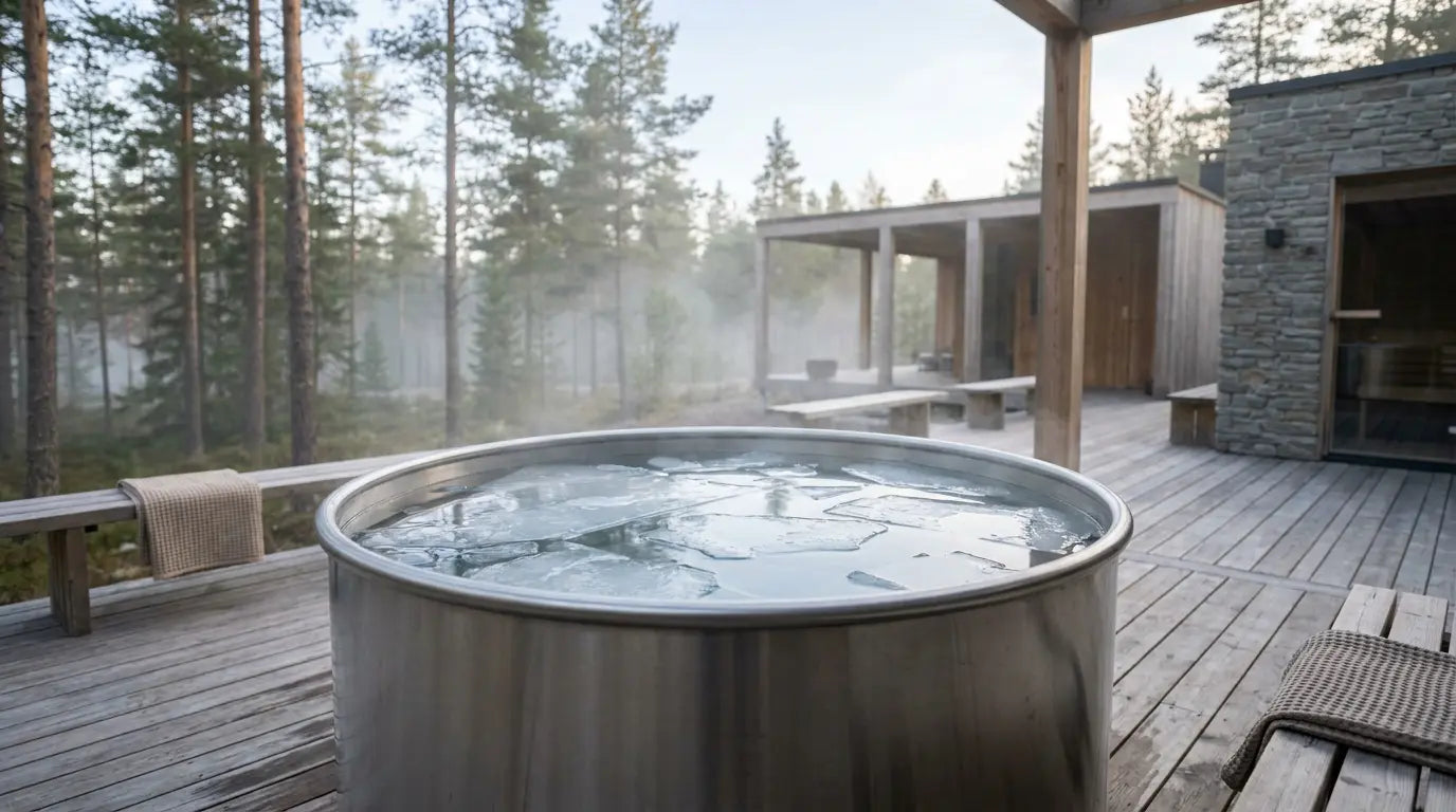 Premium Eisbad-Tonne aus Edelstahl auf einer Holzterrasse mit klarem kaltem Wasser