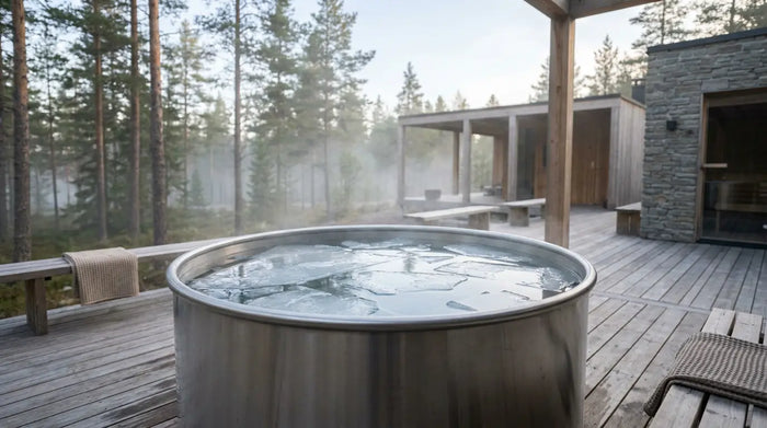 Premium Eisbad-Tonne aus Edelstahl auf einer Holzterrasse mit klarem kaltem Wasser