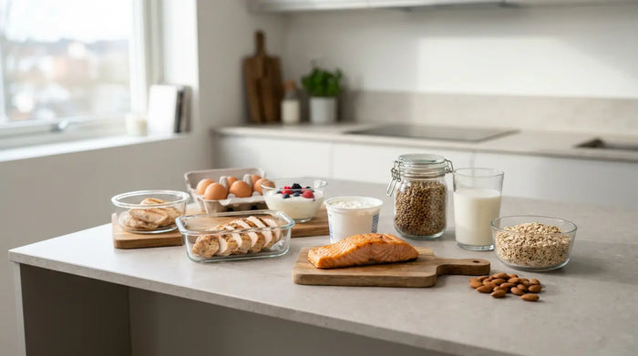 Proteinreiche Lebensmittel für Kraftsportler auf einer hellen Küchenarbeitsplatte: Hähnchen, Lachs, Eier, Skyr, Linsen, Haferflocken und Milch