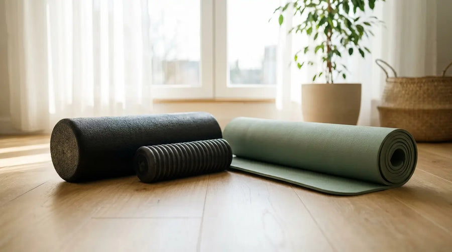 Faszienrolle und Massagerolle auf Holzboden neben einer Yogamatte im hellen Raum