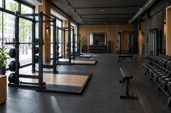 Fitnessstudio eröffnen: neu eröffnetes Boutique-Studio mit Power Racks, Plattformen und Kurzhanteln