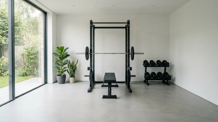 Modernes Home-Gym mit Power-Rack, Langhantel und verstellbaren Hanteln