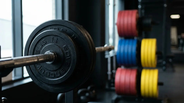 Olympia-Gewichtsscheiben und farbige Bumper Plates auf einer Langhantel im Studio