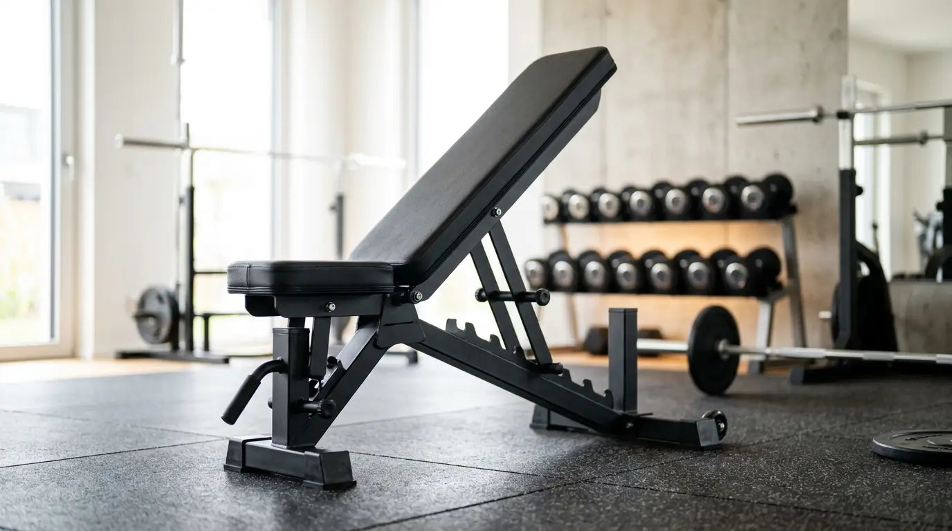 Verstellbare Hantelbank mit schwarzem Stahlrahmen in einem hellen Home-Gym