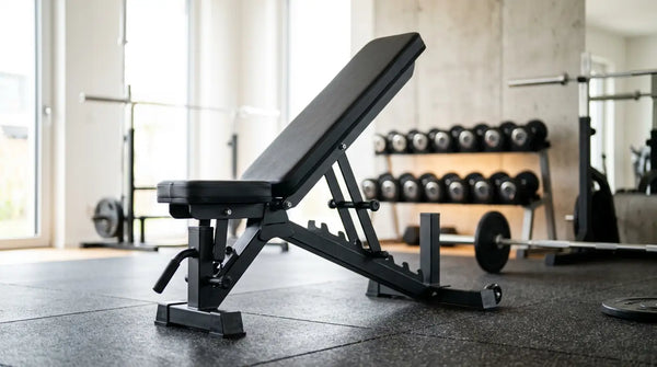 Verstellbare Hantelbank mit schwarzem Stahlrahmen in einem hellen Home-Gym