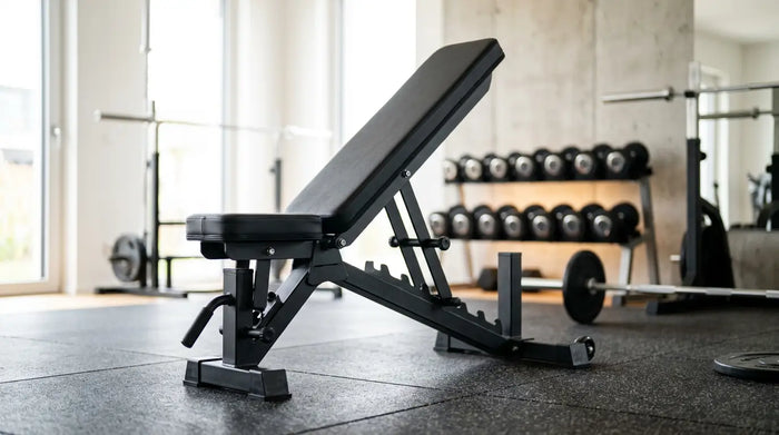 Verstellbare Hantelbank mit schwarzem Stahlrahmen in einem hellen Home-Gym