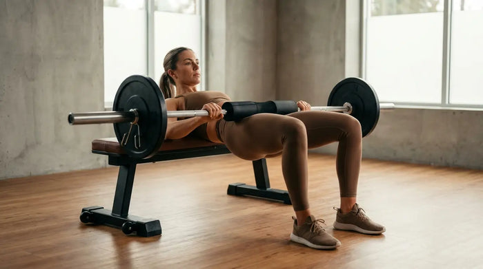 Athletin führt einen Hip Thrust mit Langhantel an einer Trainingsbank aus