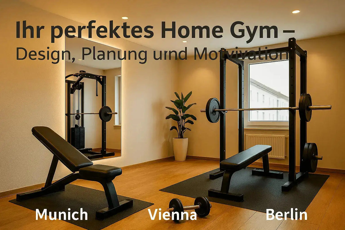 Fully equipped home gym with a power rack, weight bench, and storage space