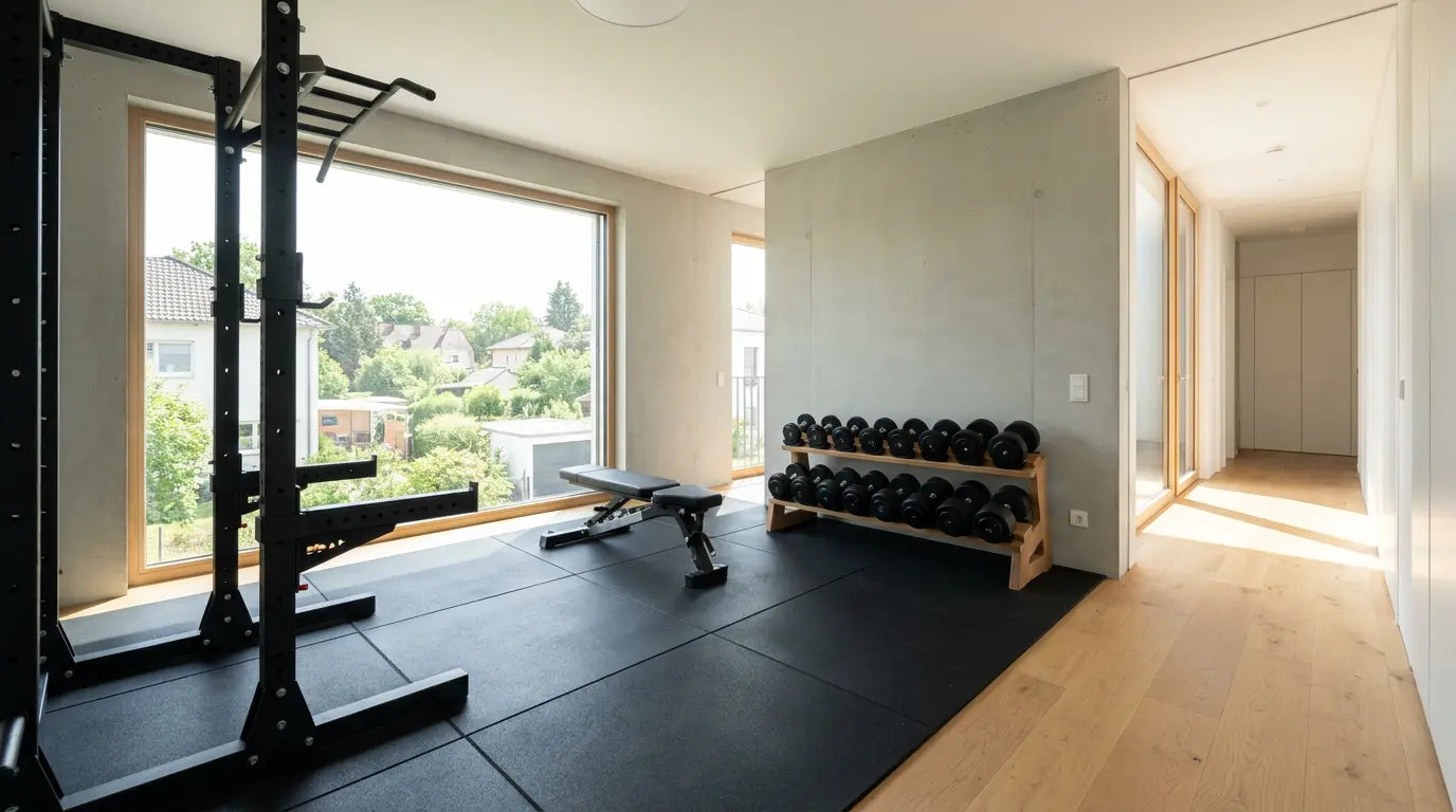 Durchdacht geplantes Home Gym mit Power Rack, Hantelbank und Gummiböden in einem hellen Raum