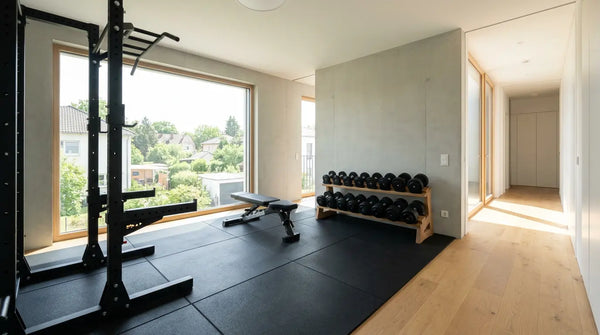 Durchdacht geplantes Home Gym mit Power Rack, Hantelbank und Gummiböden in einem hellen Raum