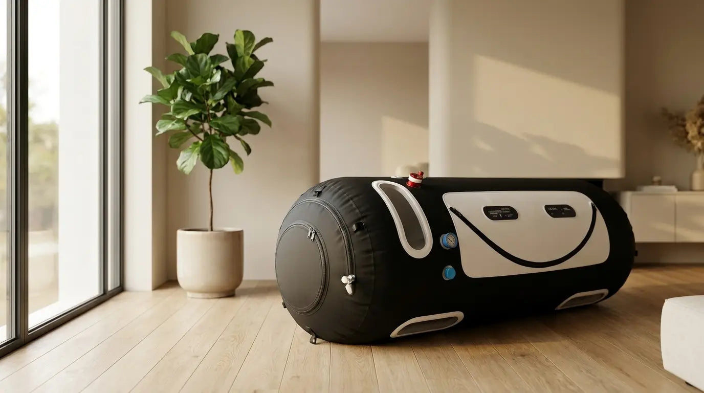 ProReset Flow 80 portable Soft-Shell Sauerstoffkammer in einem modernen Wellnessraum zu Hause