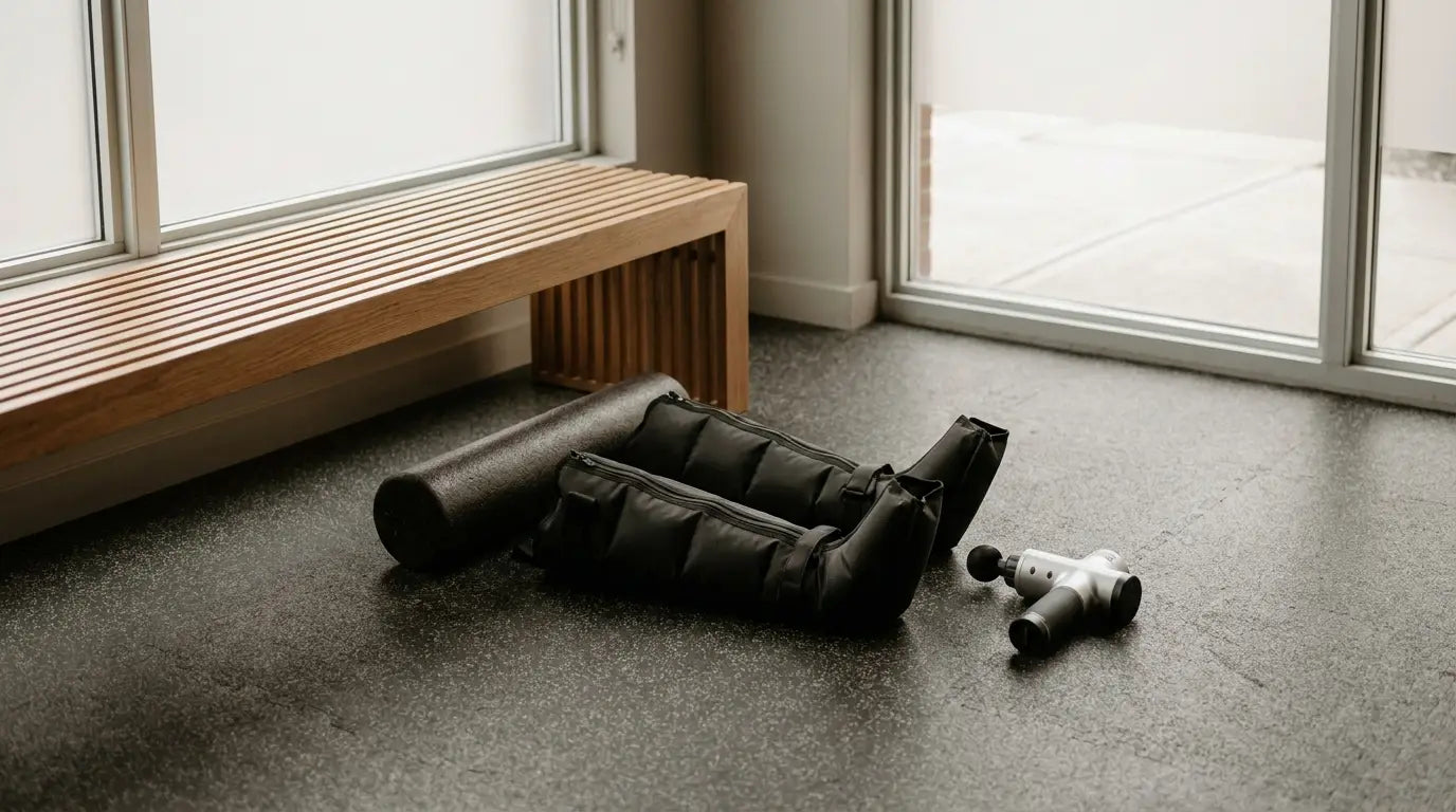 Recovery corner in a functional fitness gym with a foam roller, recovery boots, and a massage gun