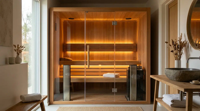 Moderne Infrarotsauna mit Zedernholz und warmem Lichtambiente in einem Home-Wellness-Raum
