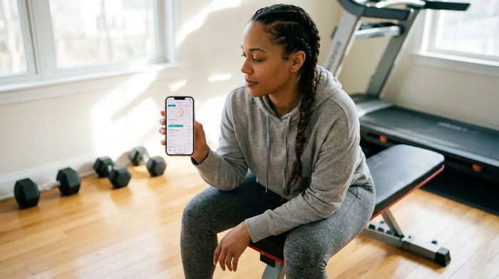 Frau berechnet Kalorienbedarf mit App im Home-Gym – kalorien berechnen