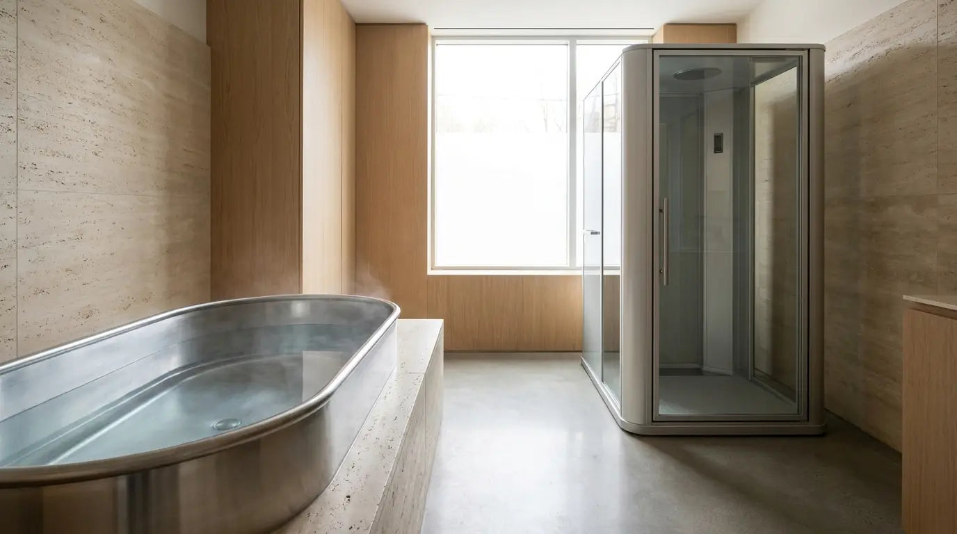 Moderne Recovery-Studio-Szene mit Edelstahl-Eisbad und Ganzkörper-Kältekammer