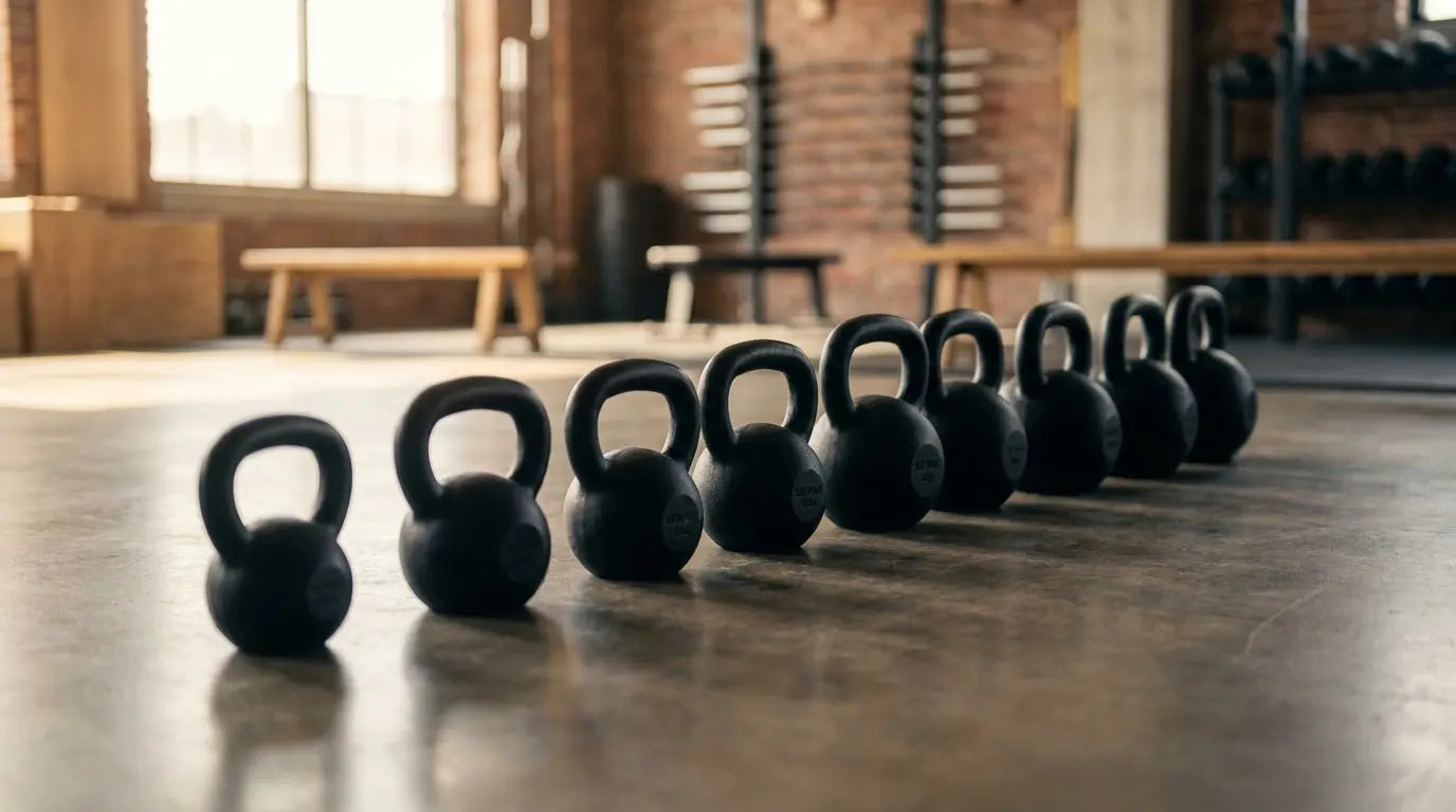 Reihe gusseiserner Kettlebells in aufsteigender Größe in einem modernen Kraftstudio