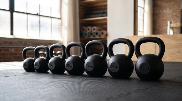 Reihe gusseiserner Kettlebells in aufsteigender Größe auf dem Boden eines modernen Trainingsstudios