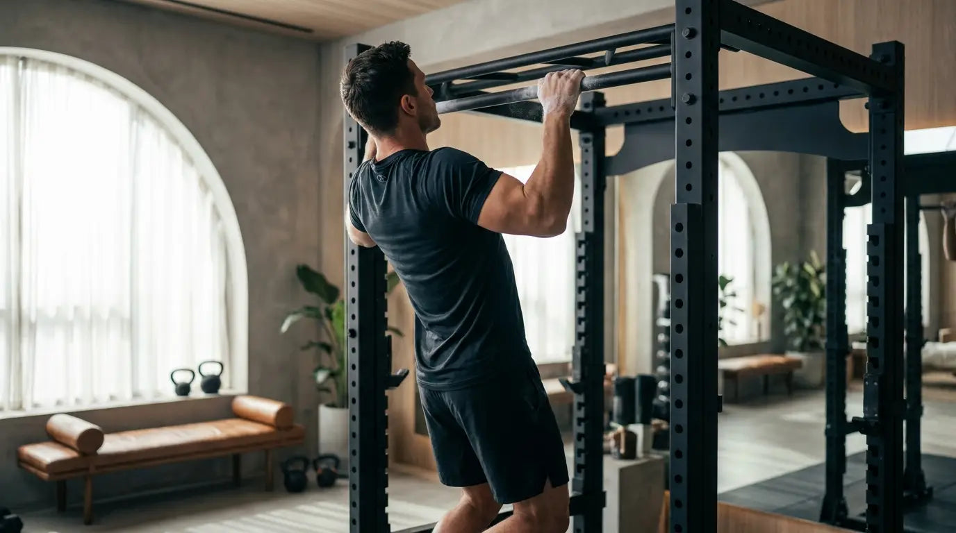 Athlet führt einen sauberen Klimmzug an einer Power-Rack-Klimmzugstange aus