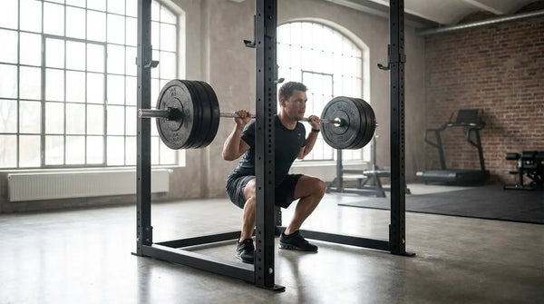 Athlet bei der tiefen Langhantel-Kniebeuge im Power Rack