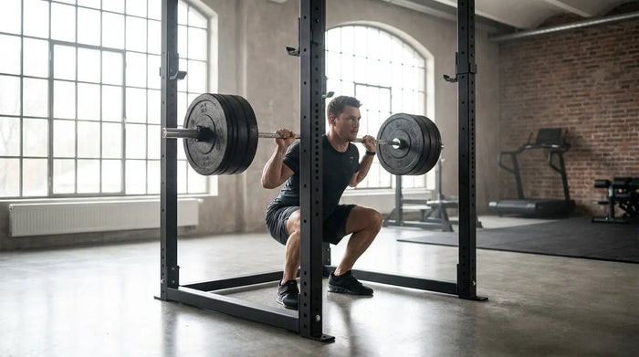 Athlet bei der tiefen Langhantel-Kniebeuge im Power Rack