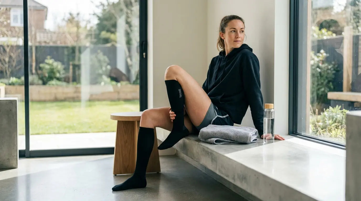 Un athlète portant des chaussettes de compression et des manchons de mollet pendant la récupération