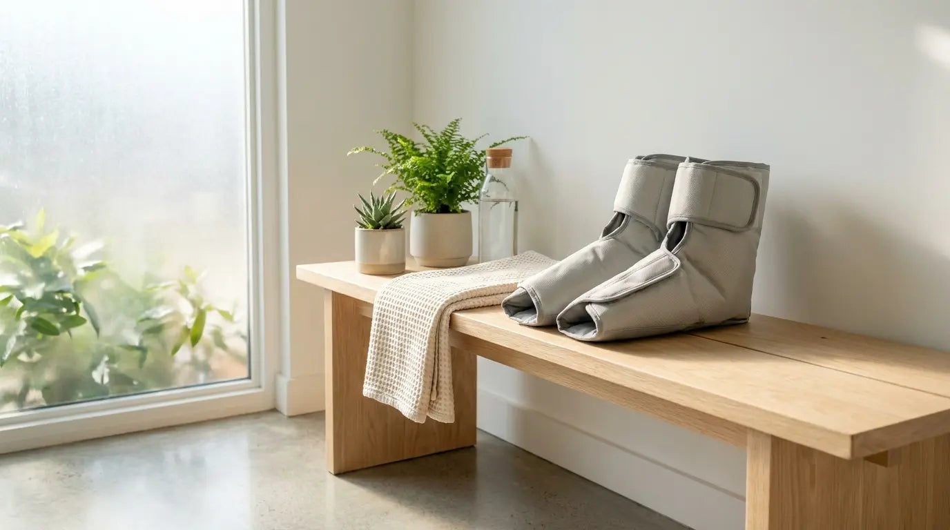 Des bottes de compression pneumatiques grises posées sur un banc en bois dans une salle de rééducation lumineuse
