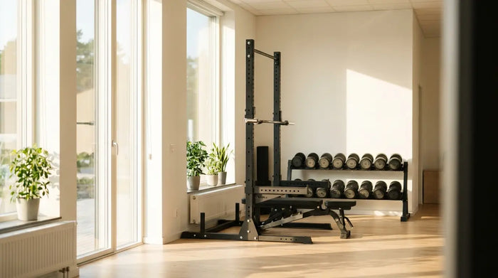 Beginner-freundlicher Krafttrainingsbereich mit Power Rack, Hantelbank und Kurzhanteln in einem hellen Studio