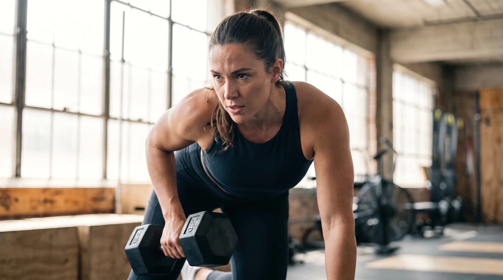 Frau beim Krafttraining mit Kurzhanteln in einem hellen modernen Gym