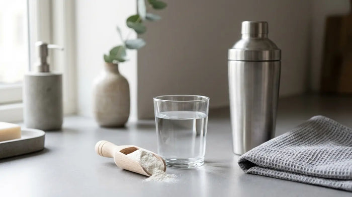 Glas Wasser und ein Holzlöffel mit Kreatin-Monohydrat-Pulver auf einer Küchenarbeitsplatte