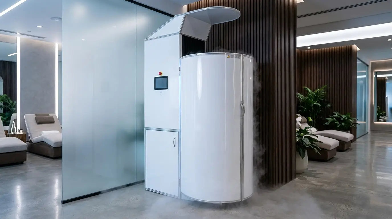 Cryosauna individuel dans une clinique de récupération moderne, avec un brouillard froid ascendant