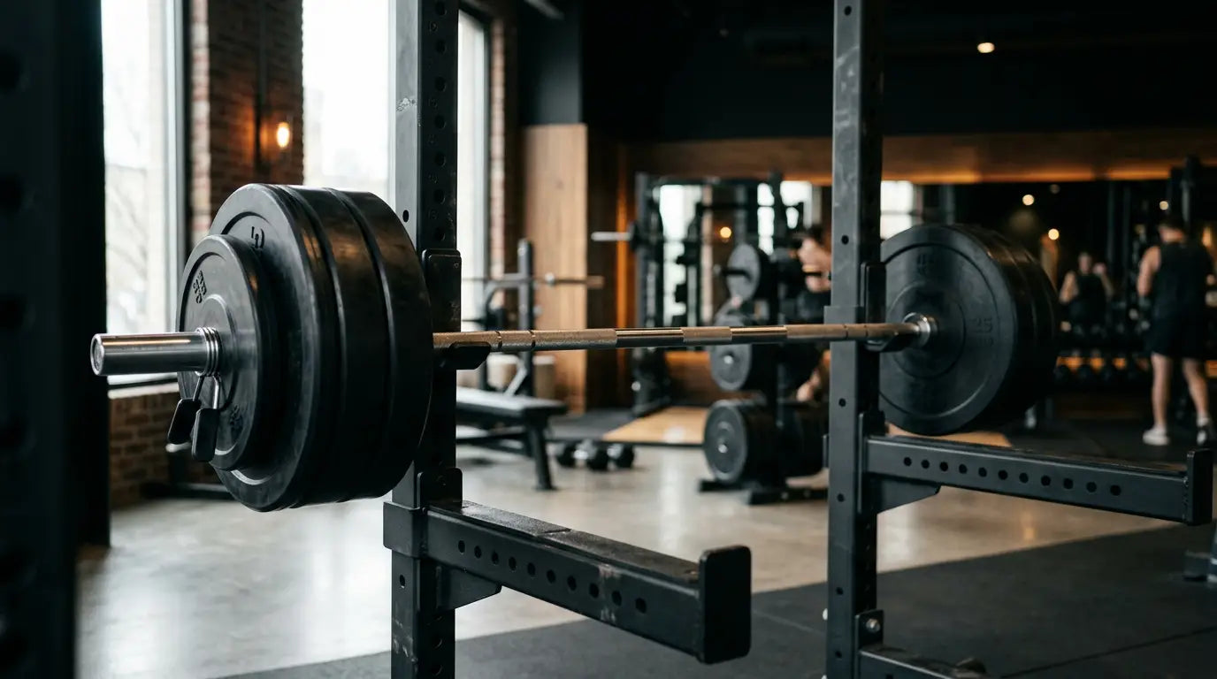 Olympia-Langhantel mit Bumper Plates auf einem Power Rack im modernen Studio