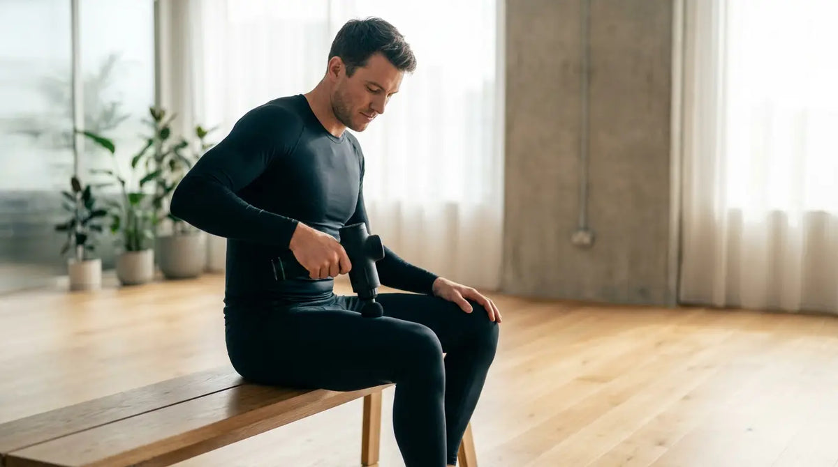 An athlete uses a massage gun on his thigh in a well-lit recovery studio